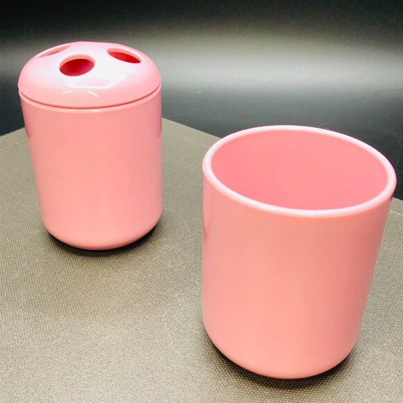 Vintage 80s TEA ROSE Dusty Pink Bathroom Accessory Set: Toothbrush Holder - Cup - Picture 2 of 8